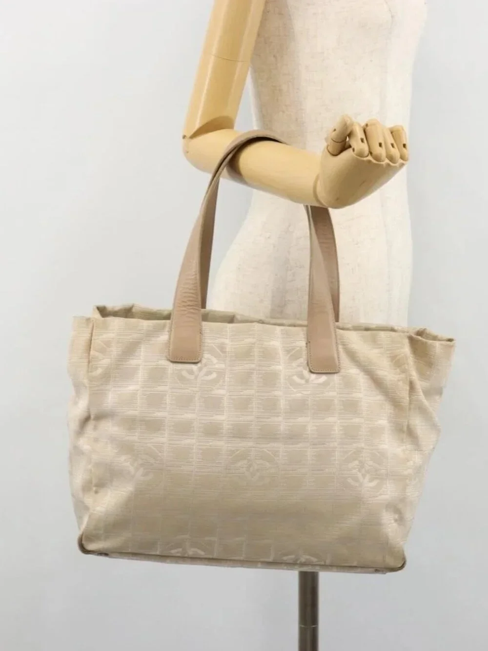 CHANEL New Travel Line Tote Bag Nylon Beige Gold CC Auth 180904